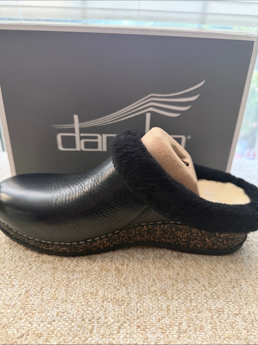Dansko Black Leather Mule with Tan Shearling Trim